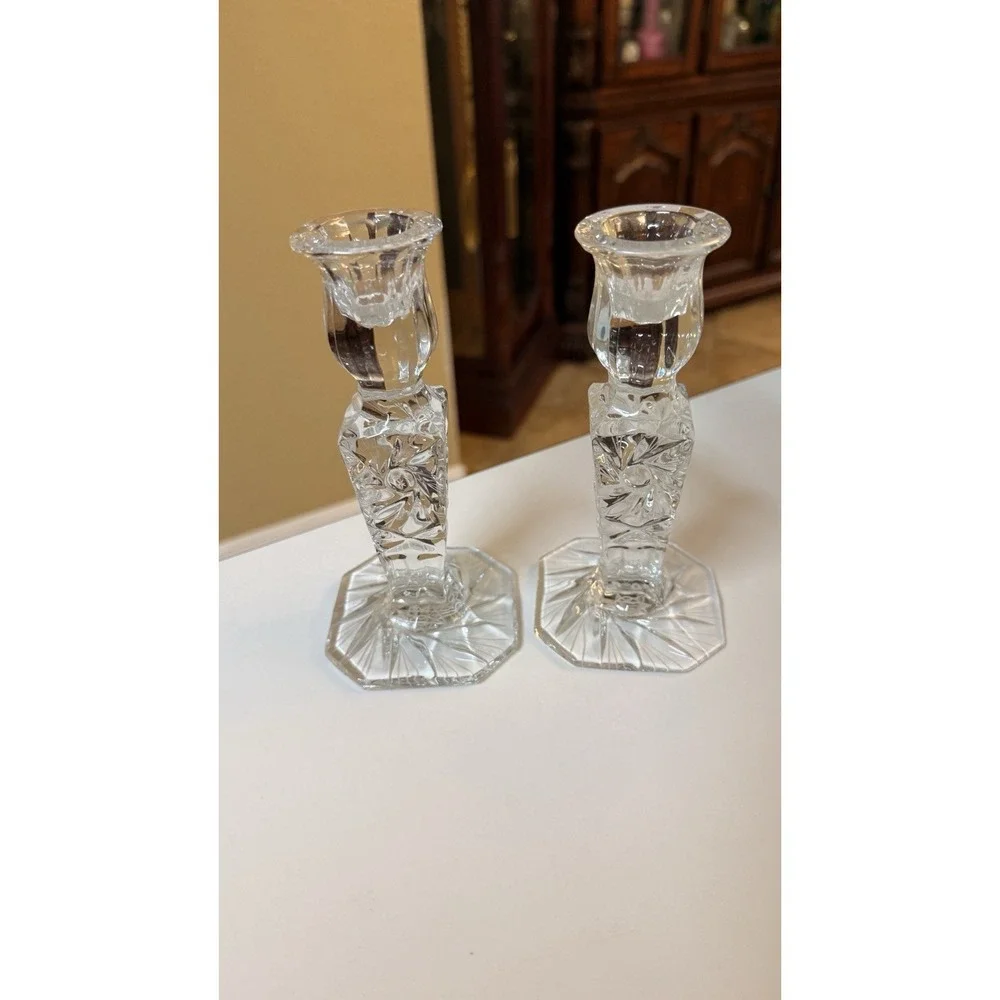 Vintage Cut Crystal Glass Candlestick Holders Set of 2 Starburst‎ Octagon